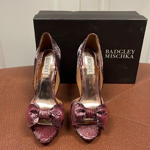 Badgley Mischa Deep Rose or wine color satin open toe pump, 10